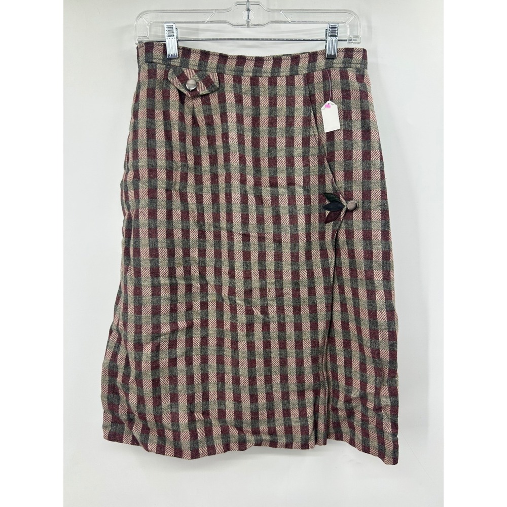 Vintage Juliard Plaid Skirt Burgundy Grey Wool Blend Wrap Front Academic Lined